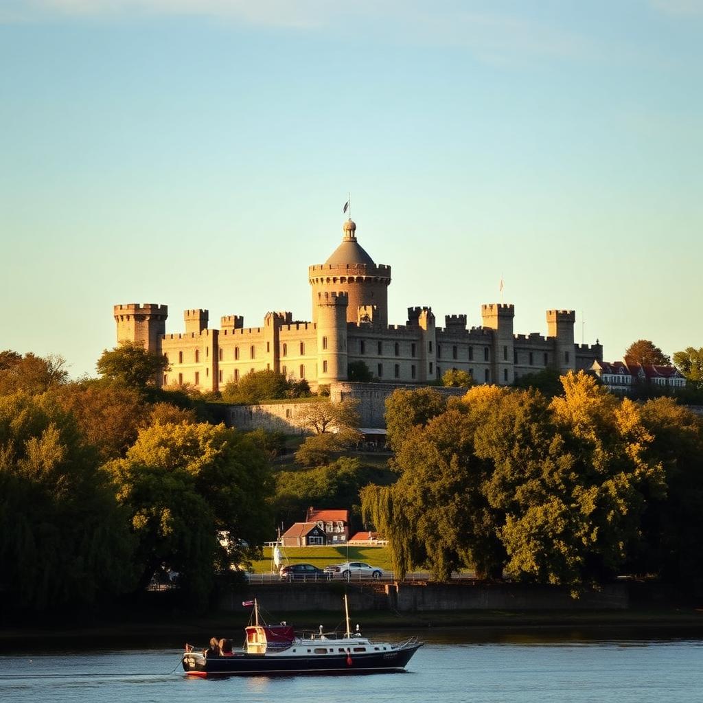 Windsor Castle skyline seen across the River Thames in golden afternoon light