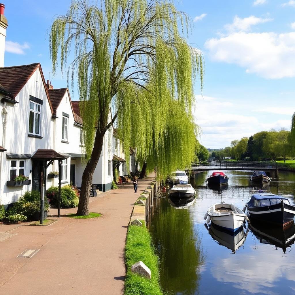 Picturesque Thames riverside walk at Sunbury with white cottages and weeping willows