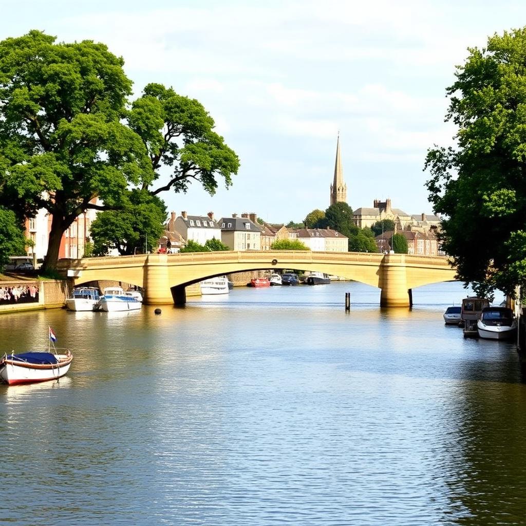 Kingston Bridge over the River Thames with the Kingston town skyline and church spire behind